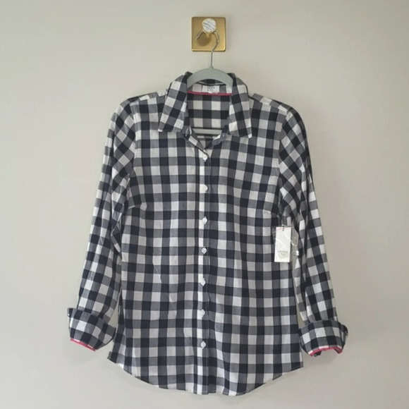 Crown & Ivy NWT LS Button Up Shirt Gingham Plaid Women XS Navy Blue White Preppy - Picture 1 of 9